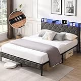 Kartivo Full Upholstered Bed Frame with Storage Headboard, LED Lights and Charging Station, Heavy Duty Metal Slats, No Box Spring Needed, Dark Gray