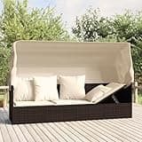 KGPWRCVD Brown Poly Rattan Patio Lounge Bed with Adjustable Roof and Cushions, Outdoor Sun Lounger with Powder-Coated Steel Frame