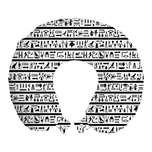 Ambesonne Egyptian Print Travel Pillow Neck Rest, Historical Language Writing with Pictographic Style Cultural Traditional, Memory Foam Traveling Accessory for Airplane and Car, 12", Black White