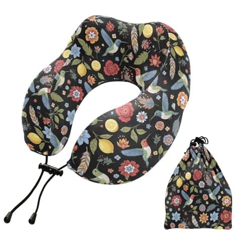 Flowers Hummingbirds Black Print Travel Neck Pillow for Sleeping Airplane Memory Foam Neck Support Pillow with Storage Bag Sleeper Hold Pillow for Office Home Car Train Bus Long Flight Adults Kids