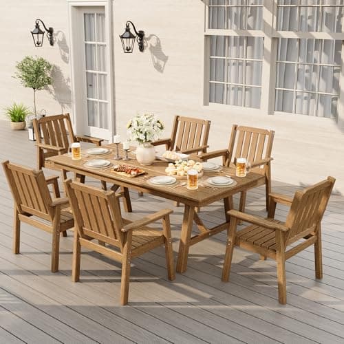 Takywep 7-Piece Outdoor Dining Set for 6 People, HDPE All Weather Patio Furniture with Large Table Umbrella Hole, Modern Armless Chairs for Backyard Garden Deck, Natural