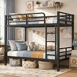 Firscook Bunk Bed Twin XL Over Twin XL, Heavy Duty Metal Twin Bunk Beds for Teens and Adults, Noise-Free Design Bunkbeds with Ladder, Guardrail for Bedroom, Dorms and Apartment, Black