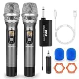 Pyle Dual UHF Wireless Microphone System - Professional Handheld Dynamic Cordless Mics with Receiver Kit - Battery Powered, Unidirectional, Clear Vocals w/ 165ft+ Range - for PA, Karaoke, DJ, Party