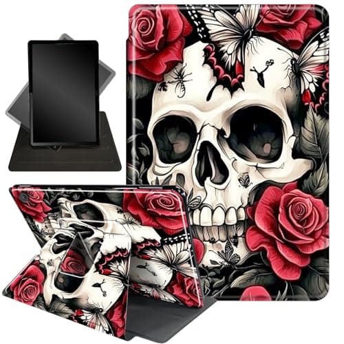 Case for Kindle Fire HD 8 & Fire HD 8 Plus Tablet (12th Generation 2024/2022 & 10th Generation 2020 Release),360 Degree Rotating Stand Smart Protective Cover Case,Skull Butterfly Flower