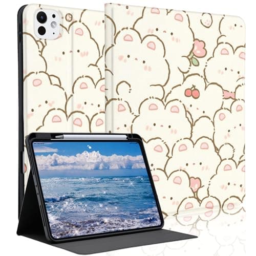 Idocolors Cute Bunny Case for 11" iPad Pro M4 2024 with Pencil Holder, Auto Wake/Sleep Leather Soft TPU Back Cover for Women Girls