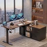 HUANUO 55 Inch L Shaped Standing Desk with Drawers, Electric Executive Desk with File Cabinet Sets, Adjustable Height Stand Up Desk, Home Office Computer Desk with 4 Memory Presets, Walnut