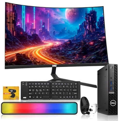 Dell Optiplex Tiny Mini PC,Intel i5,16GB RAM,1TB SSD+500GB HDD,24 Inch Curved Monitor,Foldable Wireless Keyboard/Mouse with Built in Earbuds,RGB Soundbar,Webcam,USB WiFi & BT,Win 11(Renewed)