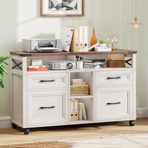 Vabches Farmhouse Filing Cabinet with Adjustable Shelf & Wheels, Lateral File Cabinets, Office Storage Cabinet with 4 Drawers and Open Storage Space, for Hanging Files A4/Letter for Home Office