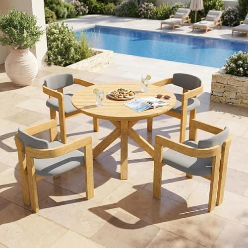 Merax 5 Piece Patio Table and Chairs Set for 4, 4pcs Outdoor Club Dining Chairs with Gray Cushions & 1 Oversize Round Dining Table, Acacia Wood Patio Dining Furniture Set for Balcony Desk Garden