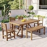 Hassyee Classic 6 Pieces Acacia Wood Patio Dining Set with Spacious Table for Balcony, Lawn, Outdoor Furniture Set with Bench and Chairs for Balcony, Poolside, Dining Room (Brown)