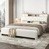 King Size Bed Frame and Headboard & Storage Ottoman, PU Leather Upholstered Platform Bed Frame King Size with Charging Station, Diamond Tufted Design, No Box Spring Needed, All Metal Structure, White