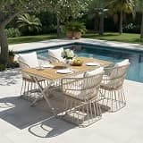 Htftmy 5-Piece Patio Dining Set for 4, Rectangular Teak Wood Table + 4 Beige Wicker Dining Chairs with Cushions, Outdoor Furniture Set for Garden Deck Backyard, Teak Finish
