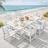 YITAHOME 8 PCS HIPS Patio Dining Set w/13 ft Double-Sided Patio Umbrella, 71" X 38" Rectangle Patio Dining Table with Chairs for 6, All-Weather Large Table for Deck Lawn Porch, White