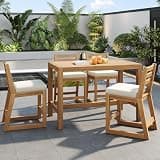 roomfitters 5-Piece Patio Bar Set Outdoor Wooden Bistro Furniture High Dining Table and Chairs with Cushions, Light Teak