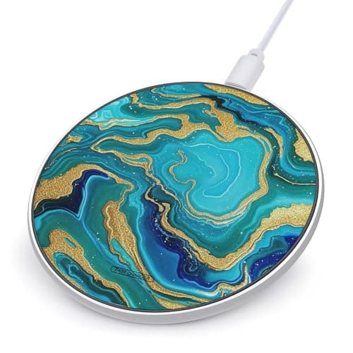 Turquoise Blue Gold Marble Wireless Charger Portable 10W Fast Wireless Charging Pad Compatible with Phone Ultra-Thin Charging Station Lightweight Charger Mat for Travel Home Office Desk