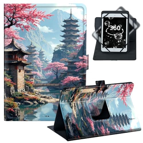 BREIDMKFM Tablet Case for Fire 7 (2022/2021/2020) - Universal 6-7 Inch 360° Rotating Stand with 4 Corner Elastic Bands,Fit for Kindle Fire 7/iPad mini 5/Lenovo Tab M7,Cherry Blossom Landscape