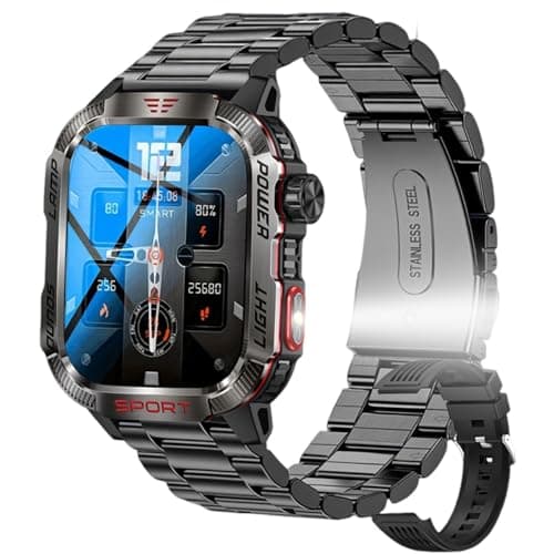 Men's Smart Watch Outdoor Sports Waterproof Flashlight Compass with Answer/Make Calls, Fitness Watch, Blood Oxygen, Heart Rate and Sleep Monitor, Compatible with iPhone and Android Phones (Black 1)