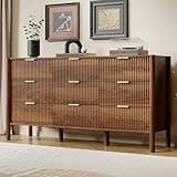 HOUROM 63" Wide 9-Drawer Fluted Dresser for Bedroom, Mid-Century Modern Chest with Solid Wood Legs, Large Storage Organizer,Metal Handle,Smooth-Glide Drawers,Bedroom Storage,Walnut