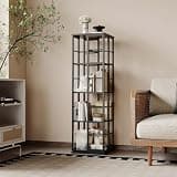 Garvee 5 Tier Rotating Bookshelf, 360° Spinning Bookcase Tower with Adjustable Height, Narrow Swivel Corner Bookshelf Organizer for Small Spaces, Rustic Black – Holds 150+ Books, Easy Assembly