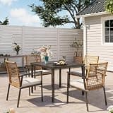 OUTSIDER 5 Pieces Outdoor Patio Dining Set, Wicker Patio Furniture Set of 4 Chairs with Soft Cushion and Square Table with Umbrella Hole, Conversation Set for Backyard, Garden and Poolside
