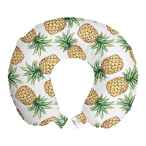 Ambesonne Pineapple Travel Pillow Neck Rest, Tropical Themed Watercolor Juicy Pineapples Patterns, Memory Foam Traveling Accessory for Airplane and Car, 12", Emerald Mustard