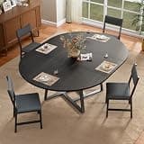 HUAHUU 60" Dining Table Set for 4-8, 5-Piece Extendable Round to Oval Kitchen Table Cushion Chairs Set of 4, Metal Frame & MDF Board, Space-Saving for Small Apartment, Black Wood Grain