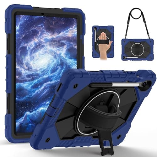 for Samsung Galaxy Tab S10 Lite (2025) 10.9 inch SM-X400/X406B Shockproof Heavy Duty Hybrid Cover Rotatable Stand, Detachable Strap & Built-in Pencil Holder, Anti-Scratch Silicone PC(Navy Blue)