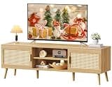 SUPERJARE Boho TV Stand for 65 Inch TV, Entertainment Center with Adjustable Shelf, Rattan TV Console with 2 Cabinets, Media Console, Solid Wood Feet, 4 Cord Holes, for Living Room - Natural