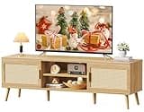 SUPERJARE Boho TV Stand for 65 Inch TV, Entertainment Center with Adjustable Shelf, Rattan TV Console with 2 Cabinets, Media Console, Solid Wood Feet, 4 Cord Holes, for Living Room - Natural