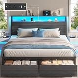 PHGLL Queen Bed Frame with 2-Layer Storage Headboard, Platform Metal Bed Frame with 2 Storage Drawers & 20W Fast-Charging Station & LED, Noise-Free, No Box Spring Needed, Easy Assembly, Rustic Grey