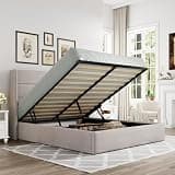 Allewie Full Size Lift Up Storage Bed, Modern Wingback Headboard, Hydraulic Support, No Box Spring Needed, Light Beige