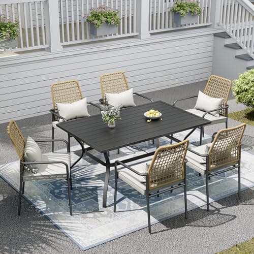 Nixtopia Patio Dining Set,Including 60"x 38" Steel Slat Table and 6 Stackable Chairs,Outdoor Furniture Set with 1.6" Umbrella Hole for All Weather