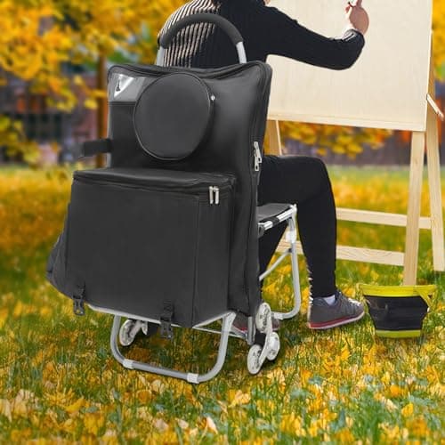 Fufiea 3-Wheel Folding Art Cart with Storage Bag & Seat, Portable Rolling Mobile Studio for Outdoor Painting, Shopping, and Travel, Foldable Utility Cart with Oxford Cloth Seat