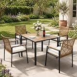 Majnesvon 5-Piece Patio Dining Set, Outdoor Rattan Table and Chairs for 4 with Acacia Wood Top, Umbrella Hole, Cushioned Wicker Armchairs for Backyard Garden Deck,
