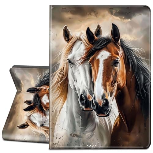 LYHXLYJH Case for Samsung Galaxy Tab S10 FE 2025/S9 FE 10.9"-Slim Leather Adjustable Stand Smart Cover with S Pen Holder & Auto Wake/Sleep for Tab S9,Brown White Horses