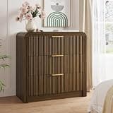 31.5" Wide Oversized Fluted Nightstand, Curved Profile Design, Modern Beside Table with 3 Large Storage Drawers, End Table for Bedroom (Walnut)