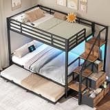 VIAGDO Bunk Bed with Trundle and Staircase Storage, Twin Over Twin Metal Bunk Bed with 4 Drawers, Charging Station & LED Lights, Heavy Duty 3-in-1 Bunk Beds for Kids, Space-Saving 3 Twin Beds, Black