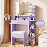wanan Makeup Vanity with Chair, Small Vanity Desk with Mirror and Lights 3 Colors, Girls Vanity Set with Power Outlet, Compact Vanity Table for Small Space, Purple