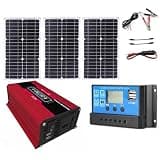 60W Foldable Solar Panel Kit with 300W Power Inverter and 30A Charge Controller, 12V DC to 110V or 220V AC Options, Monocrystalline Off-Grid Power System for RV, Camping, Trailer and Car Travel (220V)
