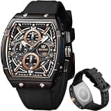 OLEVS Mens Black Watch Luxury Dress Stainless Steel Watches Large Chronograph Silicone Strap Waterproof Square Watch for Men