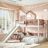 KEIKI Twin over Full Kids House Bunk Bed with Slide, Wooden Playhouse Bed Frame, X-Shaped Safety Guardrails, Built-in Window, Space-Saving Loft Bed, No Box Spring Needed for Kids Bedrooms & Sleepovers