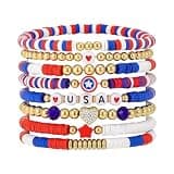Emibele 4th of July Clay Beaded Bracelets 8Pcs, Patriotic Fourth of July Accessories Jewelry for Memorial Independent Day, 250 Anniversary USA Merchandise Bracelet for Women