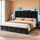 EnHomee King Bed Frame with Adjustable Headboard,Charger & LED Lights,Black