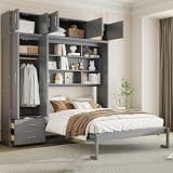 Merax Queen Size Murphy Bed Wall Bed with Storage Cabinet, Wardrobe & Shelves, Foldable Space Saving Bed Frame with Drawers, Heavy Duty MDF Wood Construction, Gray, No Mattress Included