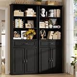 Cyclysio 80" Tall Bookcase Set of 2, Farmhouse 2 Set Bookshelves with Drawer and Doors, Floor Standing 6 Shelf Display Storage Cabinet for Home Office, Living Room (2, Black)