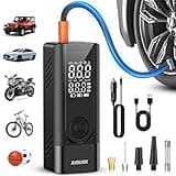 JUSUOX Tire Inflator Portable Air Compressor, Dual Power (Cordless & 12V DC) Air Pump for Car Tires, 150PSI Fast Air Pump for Moto, Bike, Large Capacity Battery, Digital Gauge with Emergency LED Light