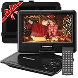 DBPOWER 11.5" Portable DVD Player, 5-Hour Built-in Rechargeable Battery, 9" Swivel Screen, Support CD/DVD/SD Card/USB, Remote Control, 1.8 Meter Car Charger, Power Adaptor and Car Headrest (Black)