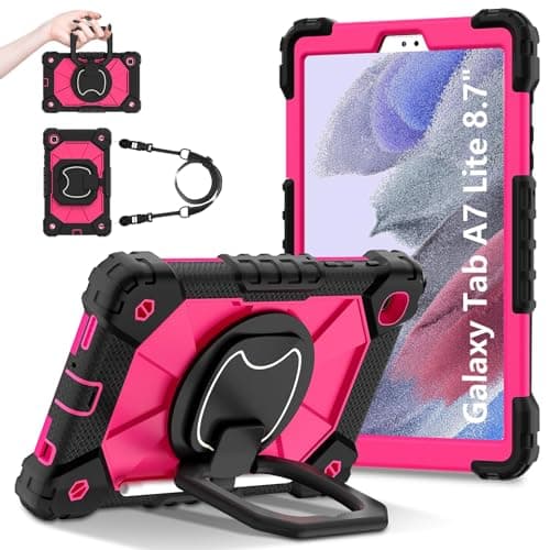 Tablet Case for Samsung Galaxy Tab A7 Lite 8.7 Inch 2020 SM-T225/T220 Heavy Duty Shockproof Cove Protective Case W 360 Swivel Kickstand+Hand Strap+Shoulder Strap(Black+Rose Red)