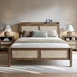 Evermagin Rattan Bed Frame Queen Size with Headboard, Boho Queen Platform Bed with Charging Station, Queen BedFrame with Woven Storage Shelf, No Box Spring Needed, Caramel Oak