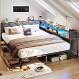 Full Corner Bed Frame with Storage Headboard and Bookcase, Full Size Metal Platform Bed Frame with LED Lights and Charging Station, Upholstered Daybed with 2 Drawers for Kids Teens, Vintage Brown